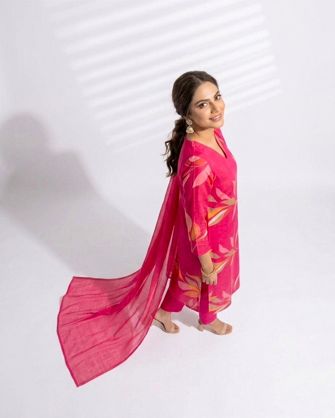 printed pink kurta set with dupatta