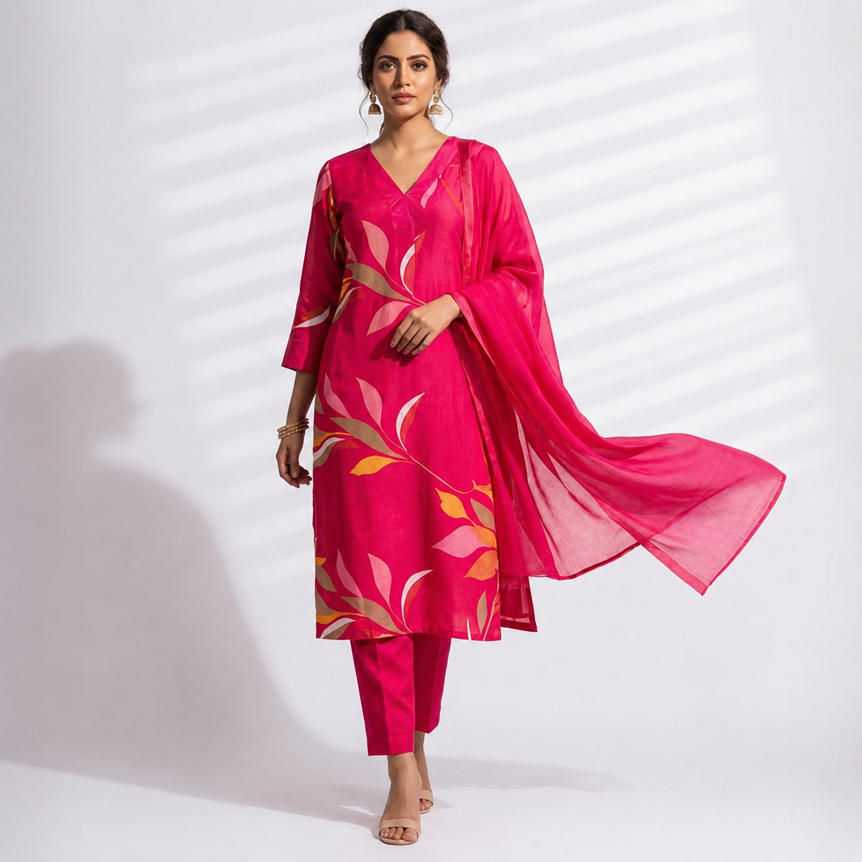 pink kurta pant dupatta set for women